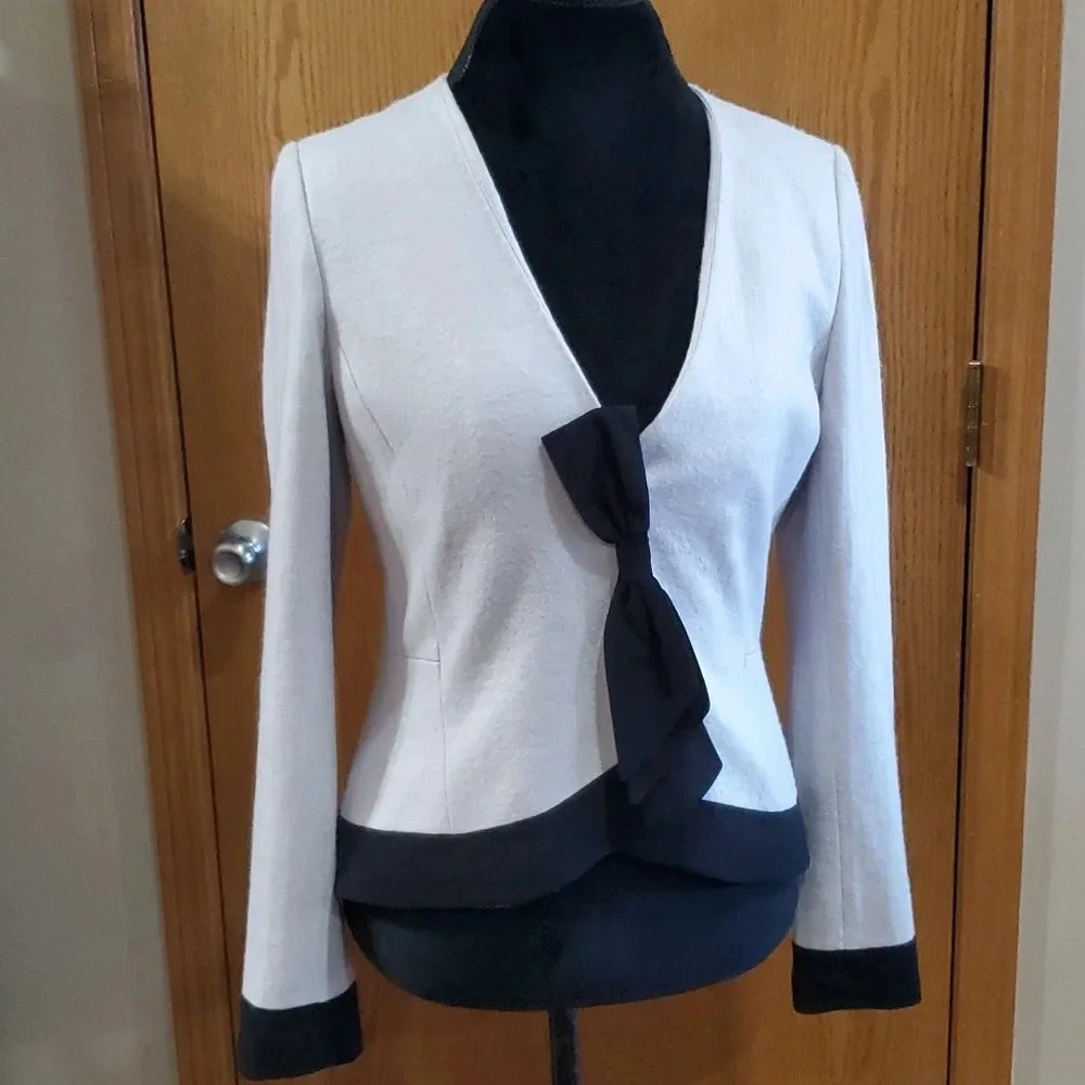 Elevenses anthropologie wool blend taupe blazer with sideways bow front